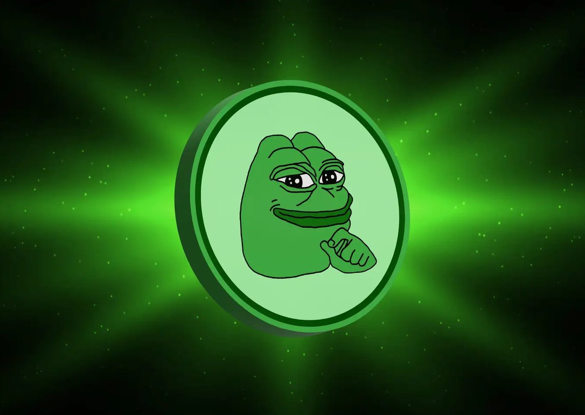 Pepe on a glowing green coin over a green starburst